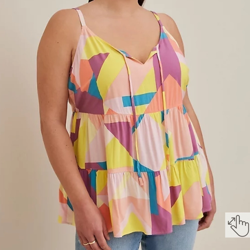 Torrid Challis Tiered Tie-Front Cami Bright Geometric Print 0X - Picture 3 of 13